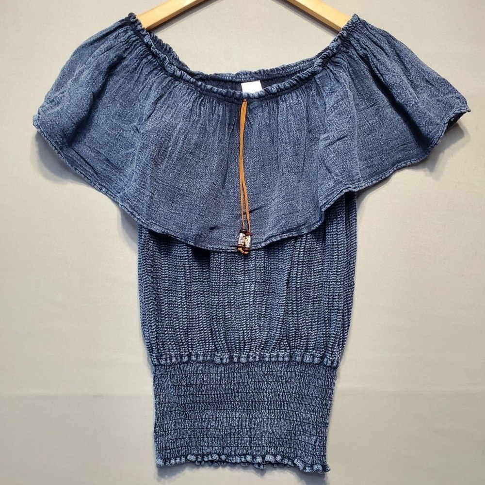 Peru Boho Off The Shoulder Smocked Top Womens Small Blue Ruffle Resort Vacation‎